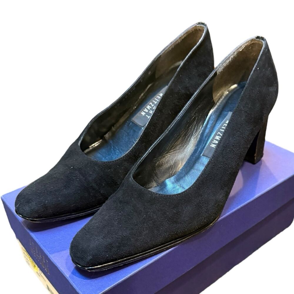 Stuart Weitzman Black Suede Almond Toe Black Patent Strip On Block Heel Sz 9.5B
